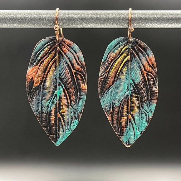 Patina Leaf Drop Earrings - Picture 6 of 6